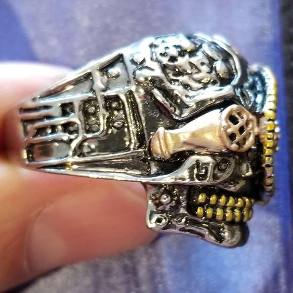 Men's Skull Ring Cyborg Robot Steampunk Biker Gold Color Accents Size 11 NEW - Picture 2 of 4